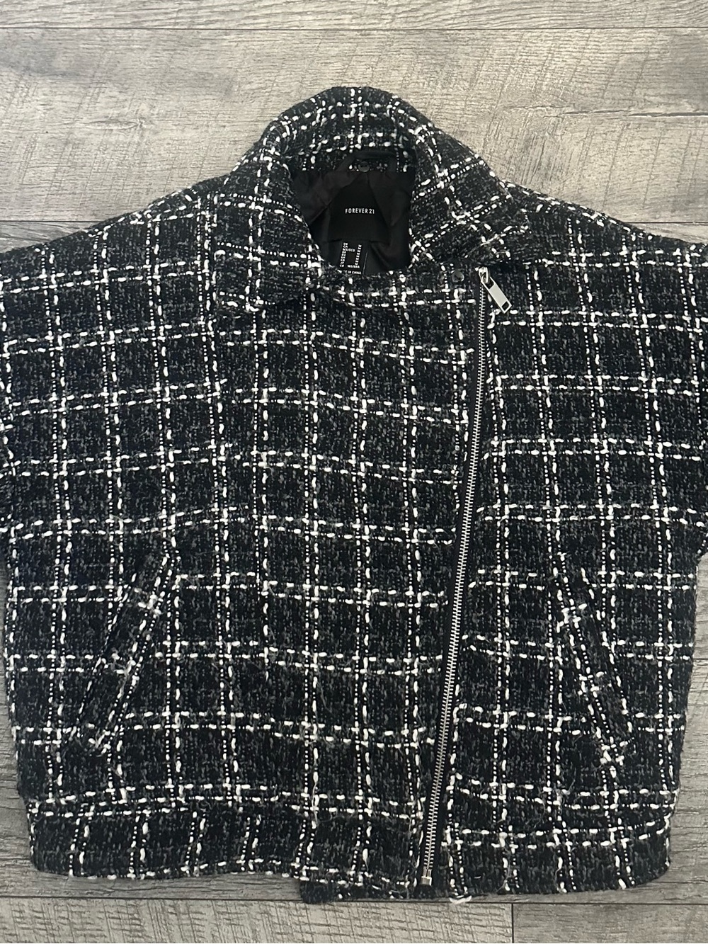 Forever 21 Black & White Check Tweed Asymmetrical Zip Jacket